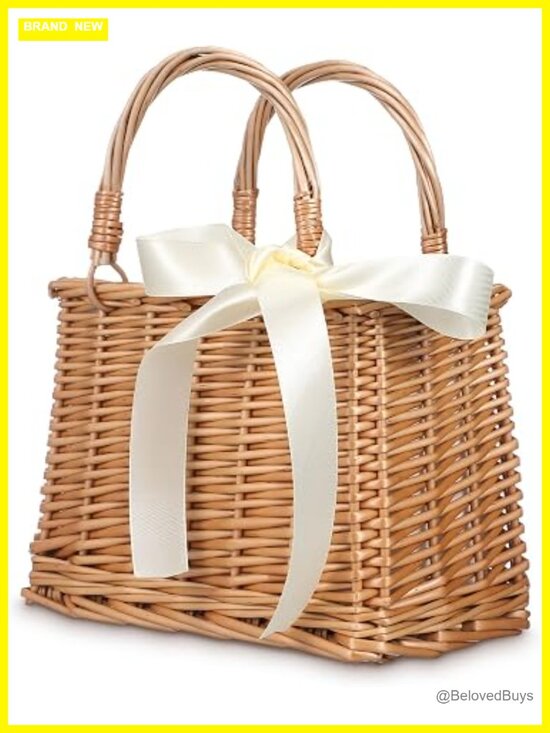 Handbags - Rattan Straw Tote Bag, Boho Beach Purse with Top Handles & Satin Ribbon
